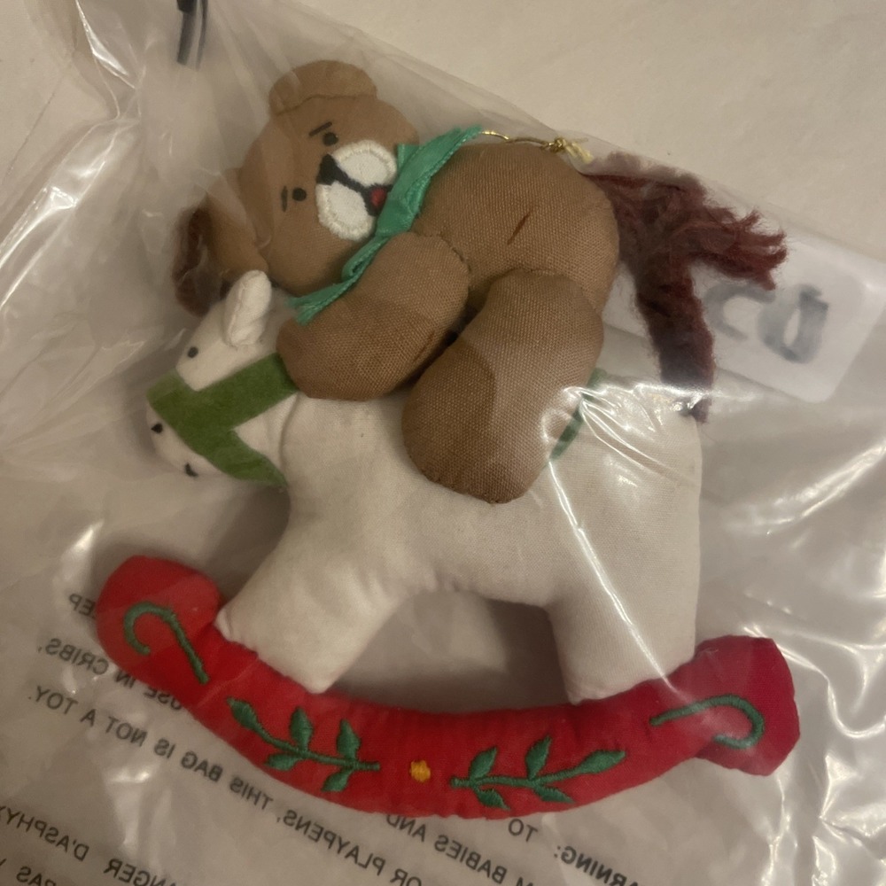 Vintage Stuffed Fabric Christmas Ornament Teddy Bear Riding Rocking Horse